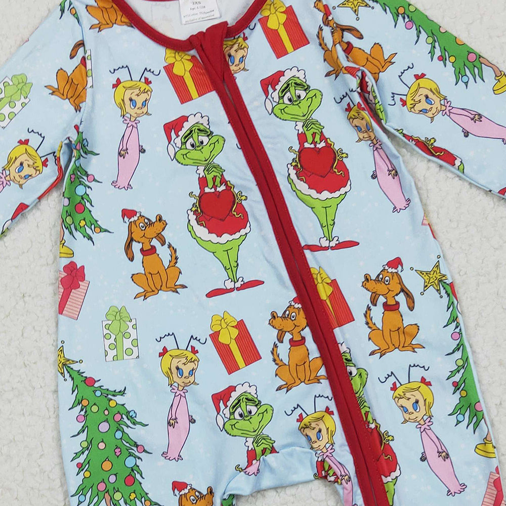 RTS NO MOQ （In stock）LR2478 Baby Girls Winter Rompers Baby Girls Green Face Christmas Trees Zipper Footed Rompers