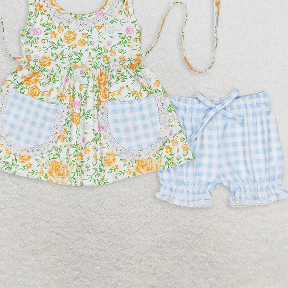 GSSO0871 RTS NO MOQ Baby Girls Summer Outfits Yellow flower green leaf pocket sleeveless plaid shorts suit