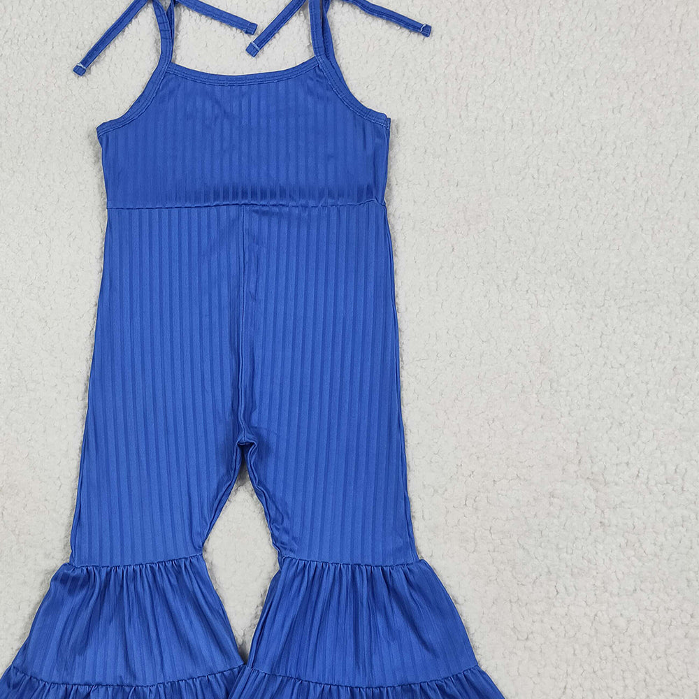 RTS NO MOQ （In stock）SR3158 Baby Girls Summer Jumpsuits Baby Girls Royal Blue Strap Bell Bottom Ribbed Jumpsuits
