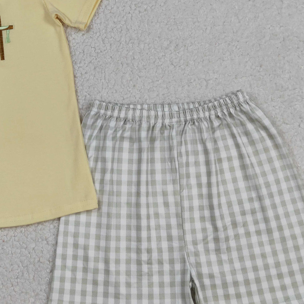 3.14 RTS NO MOQ （In stock）BSSO1717 Kids Clothing for Baby Boys Embroidery Short Sleeve Crosses Top Checked Shorts Easter Clothes Sets