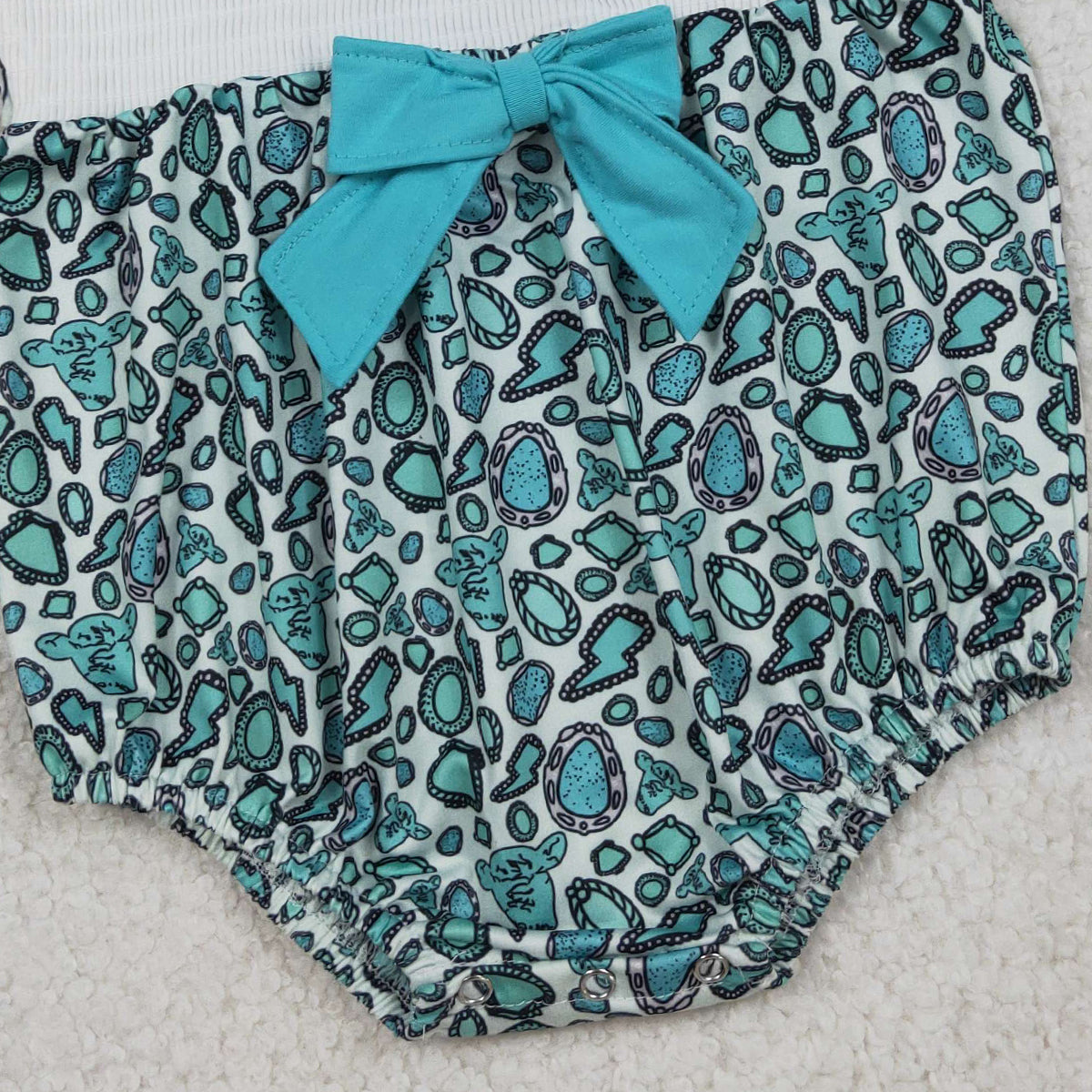 3.26 RTS NO MOQ （In stock）SR3863 Children's Fashion Romper Baby Girls Smocked Mama's Bestie Turquoises Collar Western Ruffle Rompers