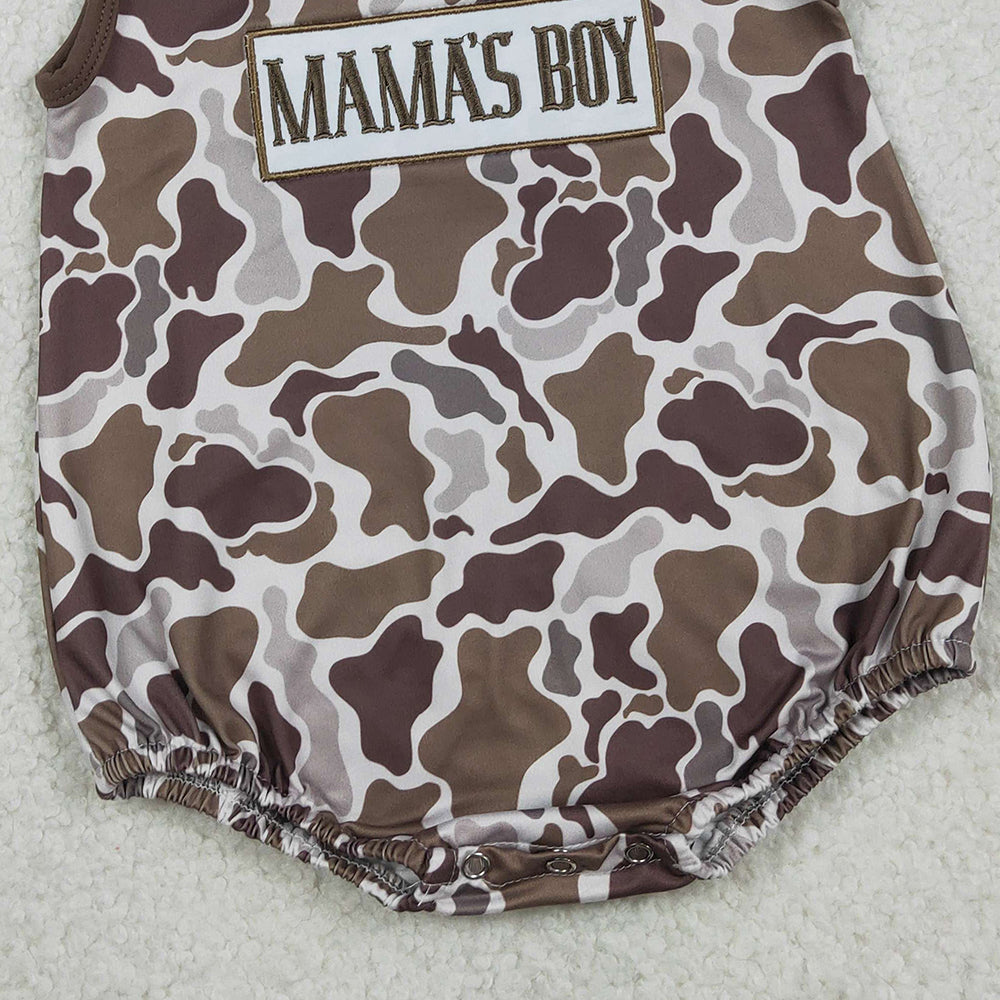 1.28 RTS NO MOQ （In stock）SR3889 Embroidery Mama's Boy Southern Brown Camo Sleeveless Rompers