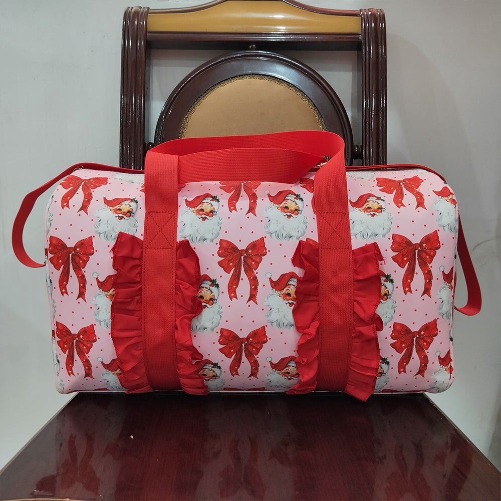 RTS NO MOQ （In stock） BA0306 Baby Bags Christmas Red Ruffle Bows Santa Print Zipper Gym Bags