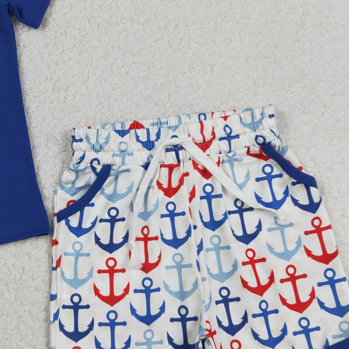 3.18 RTS NO MOQ （In stock）BSSO1874 Fashion Clothing For Baby Boys Hot Blue Shirt Top Boats Fishing Pocket Shorts Clothes Sets