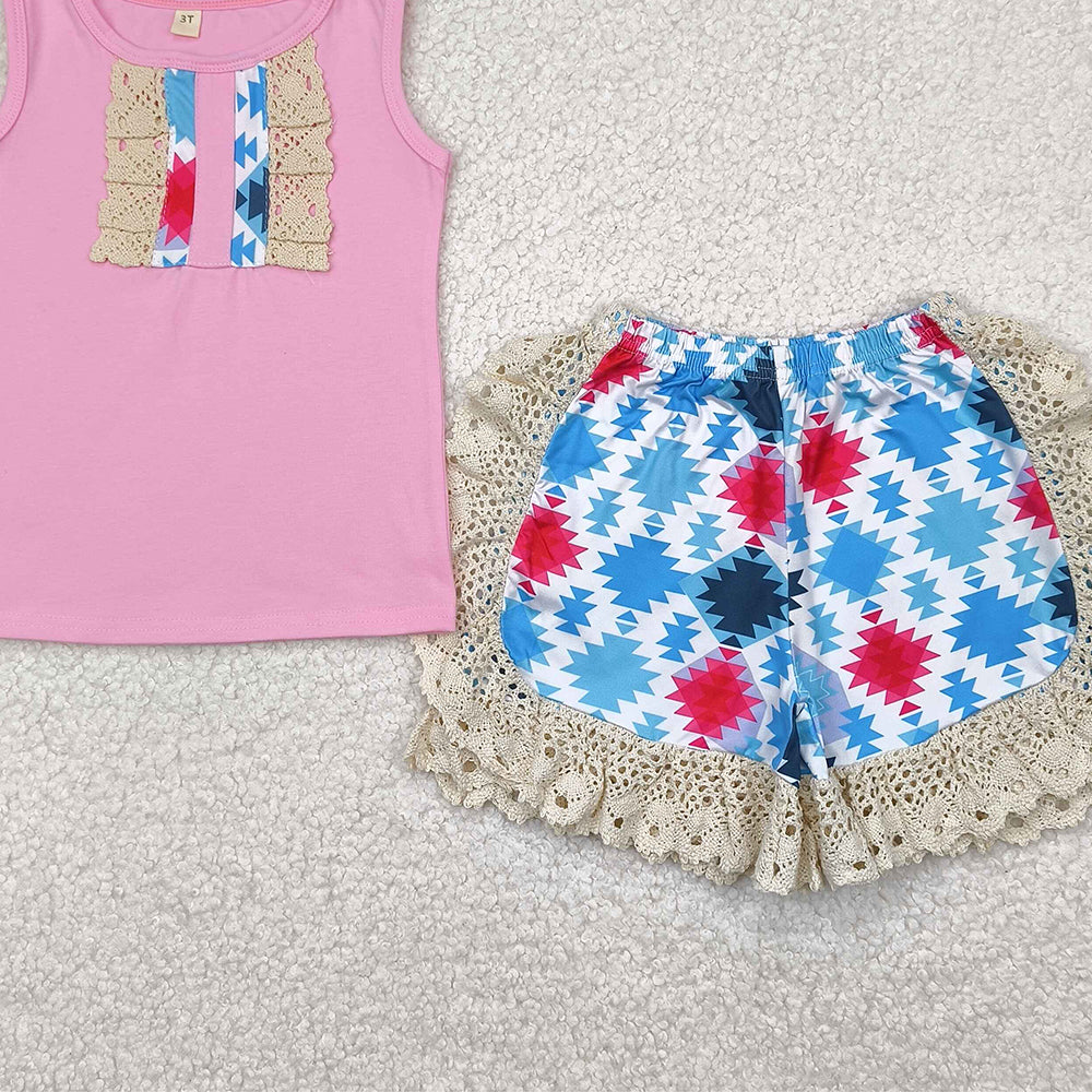 7.16  C7-5-1 RTS NO MOQ Baby Girls Summer Outfits Baby girls pink top aztec lace ruffle shorts outfits sets