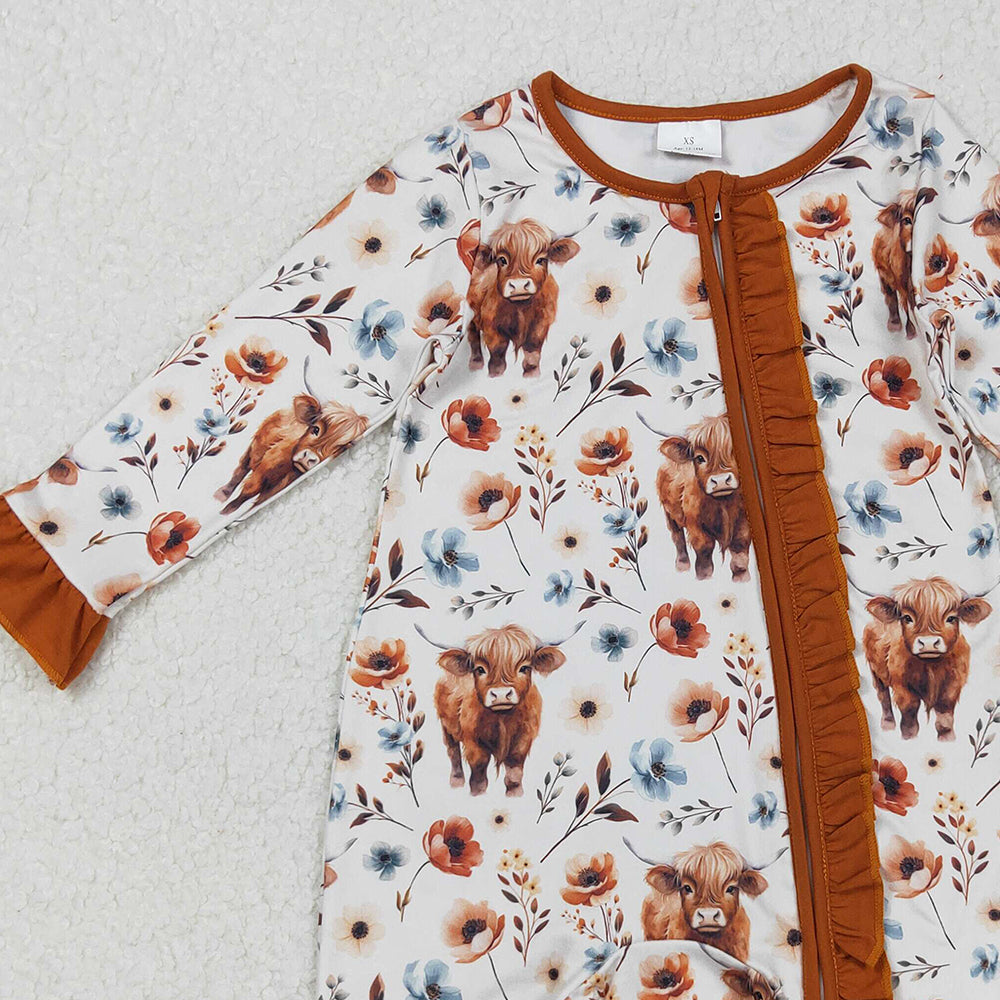 RTS NO MOQ （In stock）LR1624 Baby Girls Winter Rompers  Western Highland Cow Flowers Design Cute Baby Clothes