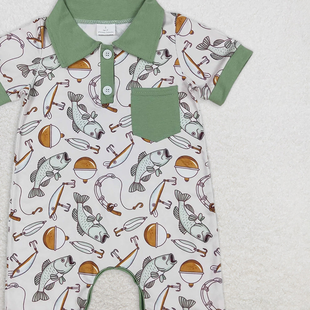 USA Shop (in stock)SR2472RTS NO MOQ Baby Boys Summer Rompers Baby Boys Short Sleeve Polo Romper with Pocket Fishing Theme Casual Outfit for Toddlers