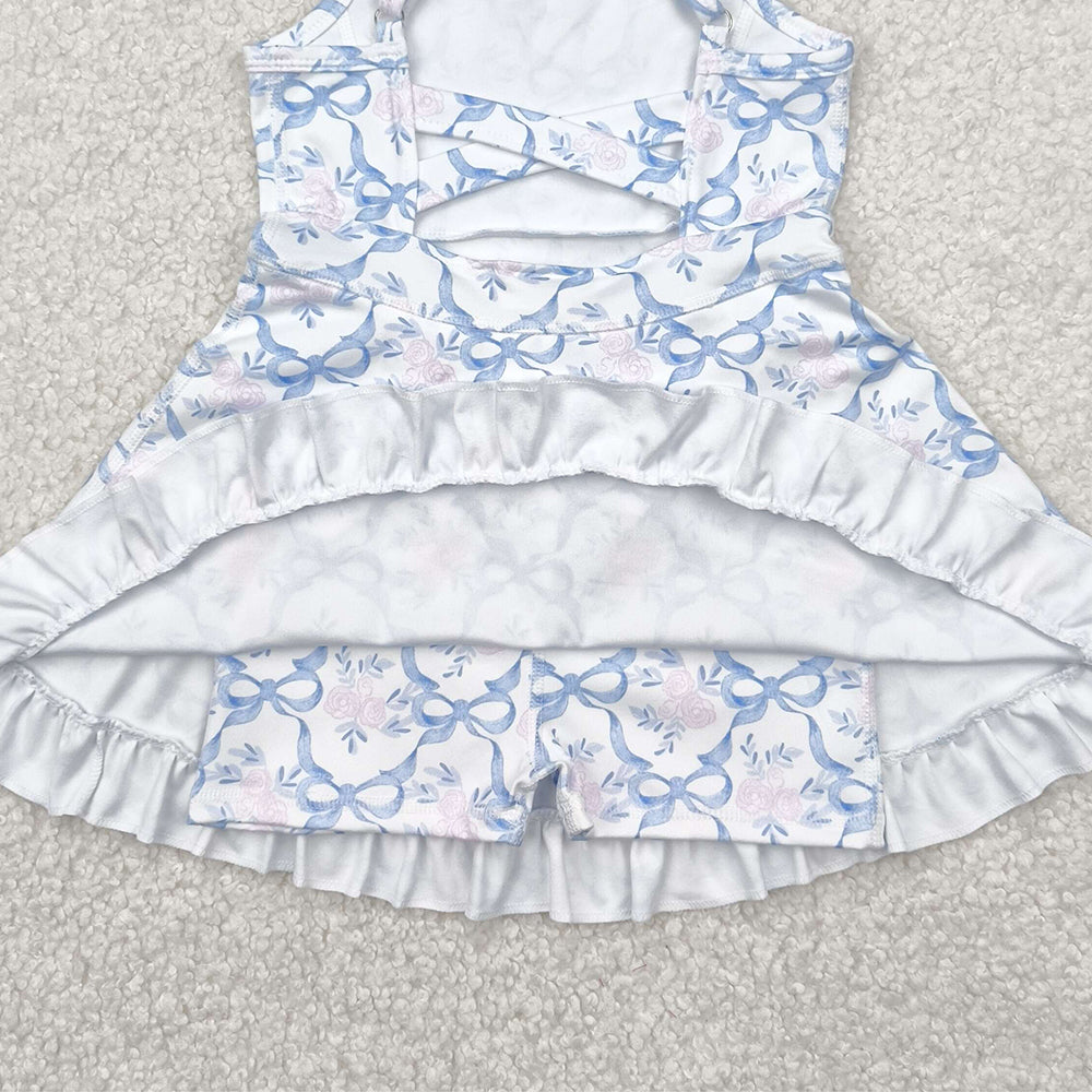 4.09 GSD2580 RTS NO MOQ Baby Girls Summer Dress Baby Girls Active Wear Blue Bow Pink Flower Yoga Dress