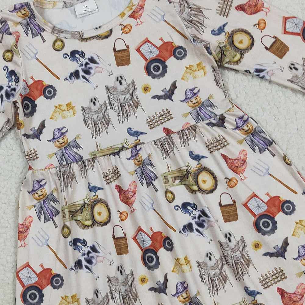 RTS NO MOQ （In stock）GLD1196 Baby Girls Winter Dress Baby Girls Long Ruffle Sleeves Trucks Chicks Farm Knee Length Dresses