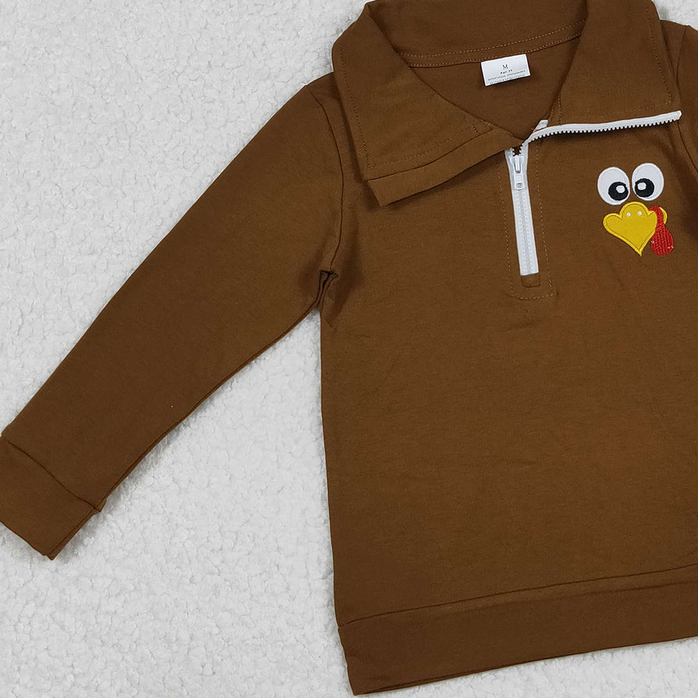 RTS NO MOQ （In stock）BT1265 Baby Boys Long Sleeve Tops Brown Zippered Turkey Polo Shirts Tops for Thanksgiving