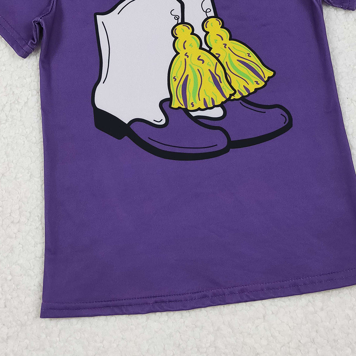 10.30 RTS NO MOQ （In stock）GT1254 Baby Girls Purple Short Sleeve Boots Tassel Mardigras Tee Shirts Top