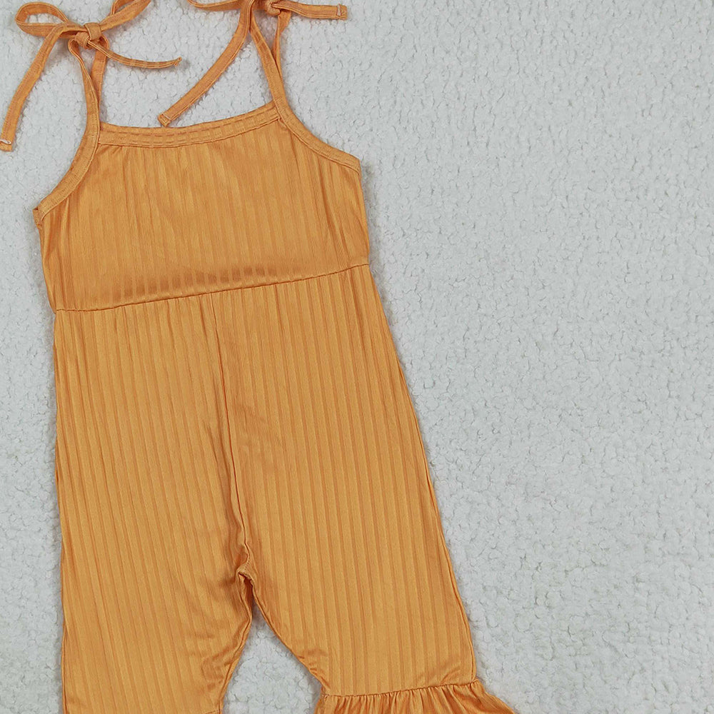 RTS NO MOQ （In stock）SR3162 Baby Girls Summer Jumpsuits Baby Girls Orange Strap Bell Bottom Ribbed Jumpsuits