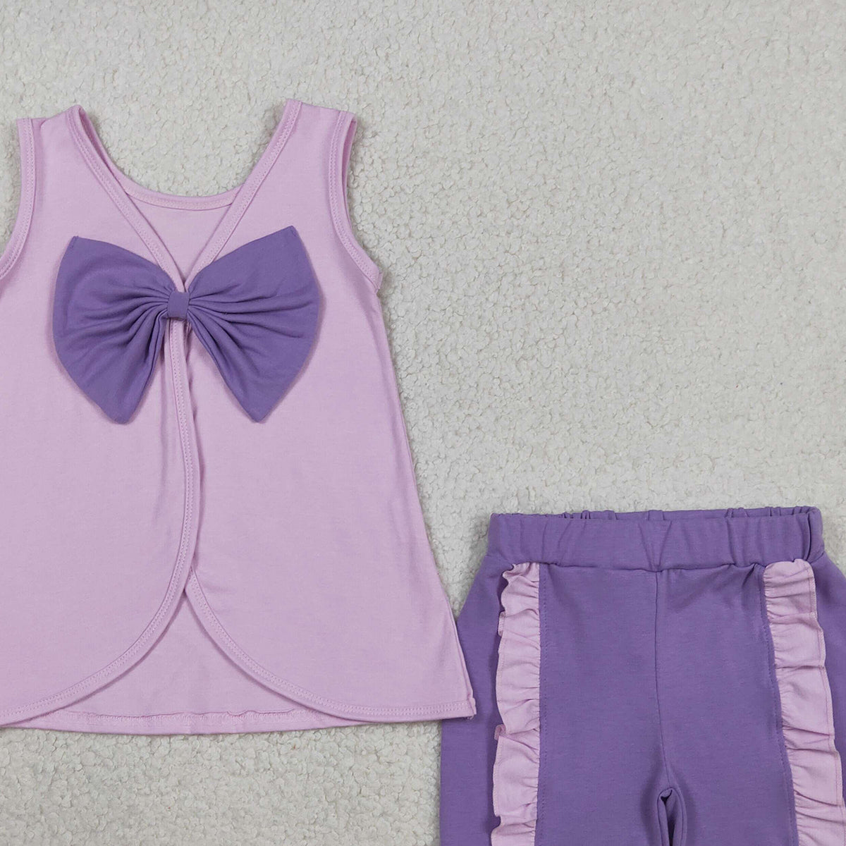 3.30 RTS NO MOQ （In stock）GSSO3461 Sleeveless bow tunic purple shorts girls summer outfits