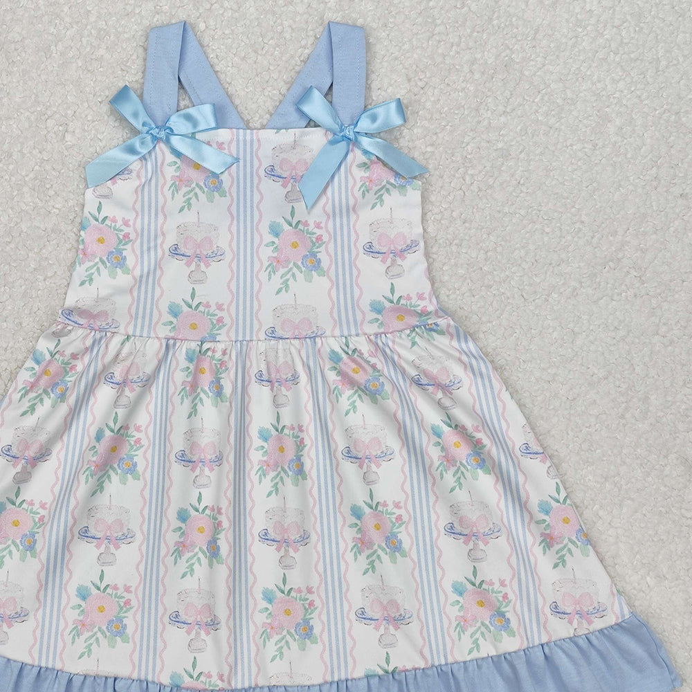 GSD1946Floral Cake Bow Girls Dress Straps Happy Birthday Girls Dresses Floral Cake Bow Design Party Wear for Girls