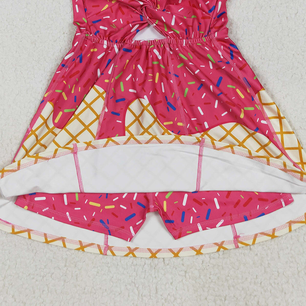 RTS NO MOQ （In stock）GSD2747 Baby Girls Summer Yoga Dress Baby Girls Darkpink Drip Sprinkles Team Yoga Active Knee Length Dresses