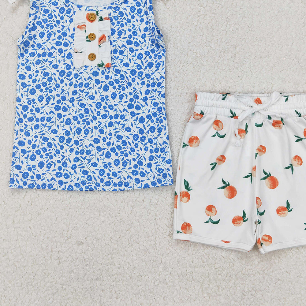 4.17 GSSO2355 RTS NO MOQ Sleeveless blue floral top peach shorts girls clothing set