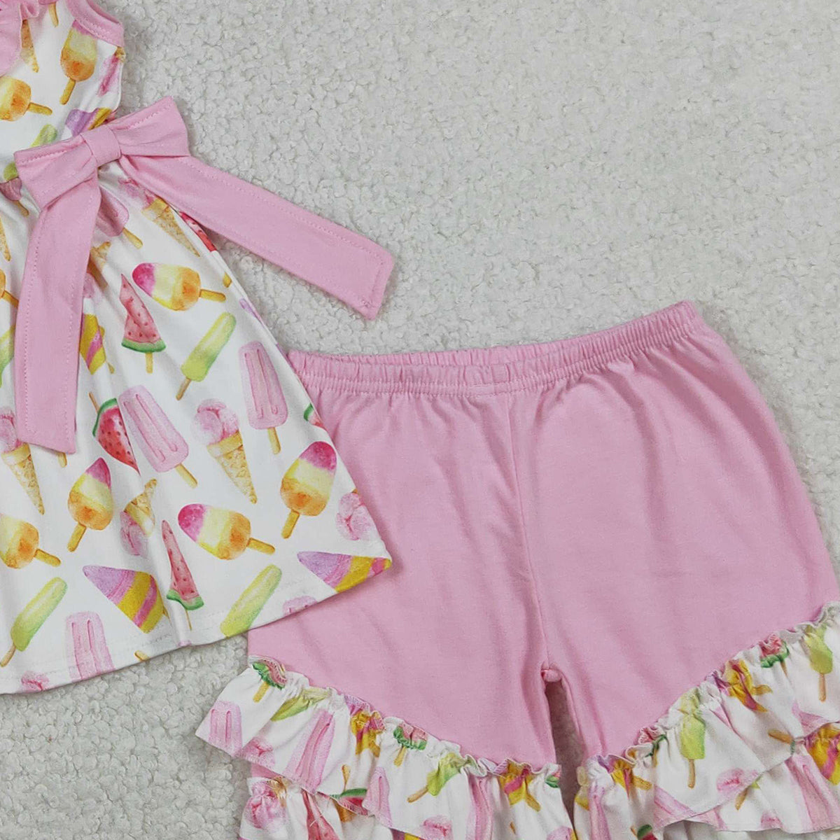 1.14 RTS NO MOQ （In stock）GSSO3067 Baby Girls Colorful Popsicle Ice Creams Collar Tunic Ruffle Shorts Clothes Sets