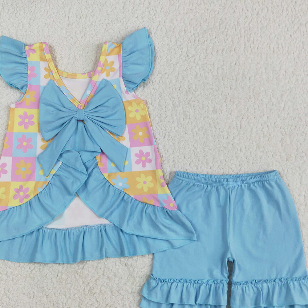 7.01 GSSO2623RTS NO MOQ Baby Girls Summer Outfits Baby Girls Blue Flutter Sleeves Flowers Plaid Tunic Ruffle Shorts Set