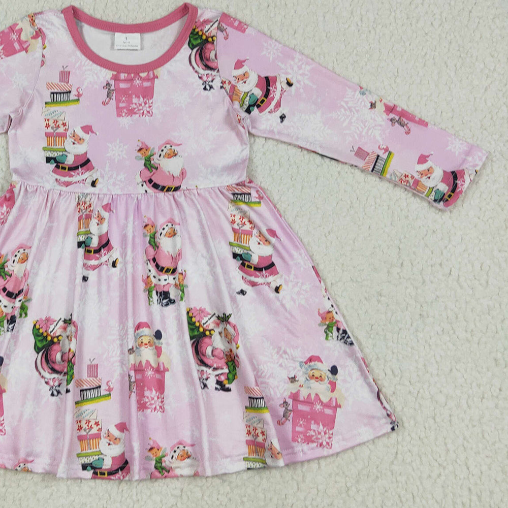 RTS NO MOQ （In stock）GLD0354 Baby Girls Winter Dress Baby Girls Christmas Pink Santa Present Knee Length Dresses
