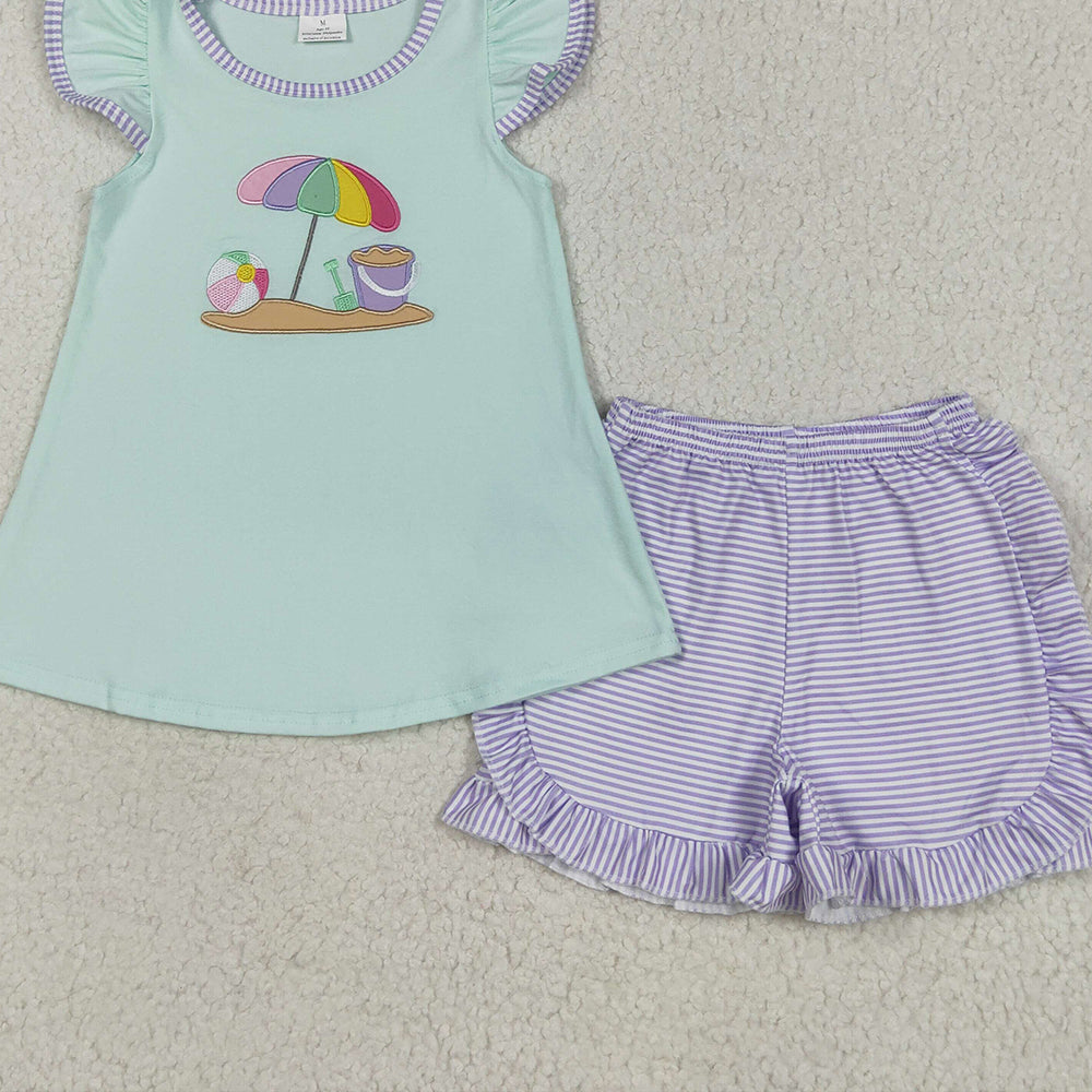 7.23 GSSO2553 RTS NO MOQ Baby Girls Summer Outfits Embroidery Baby Girls Flutter Sleeves Beach Tunic Lavender Stripe Short Set