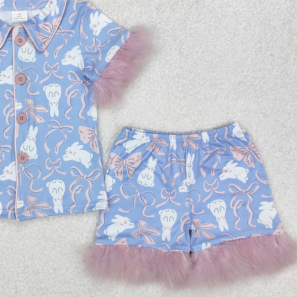 GSSO1946Baby Girls Easter Themed Bows Fur Print Shirt And Shorts Pajamas Set Cute Infant Clothing for Spring