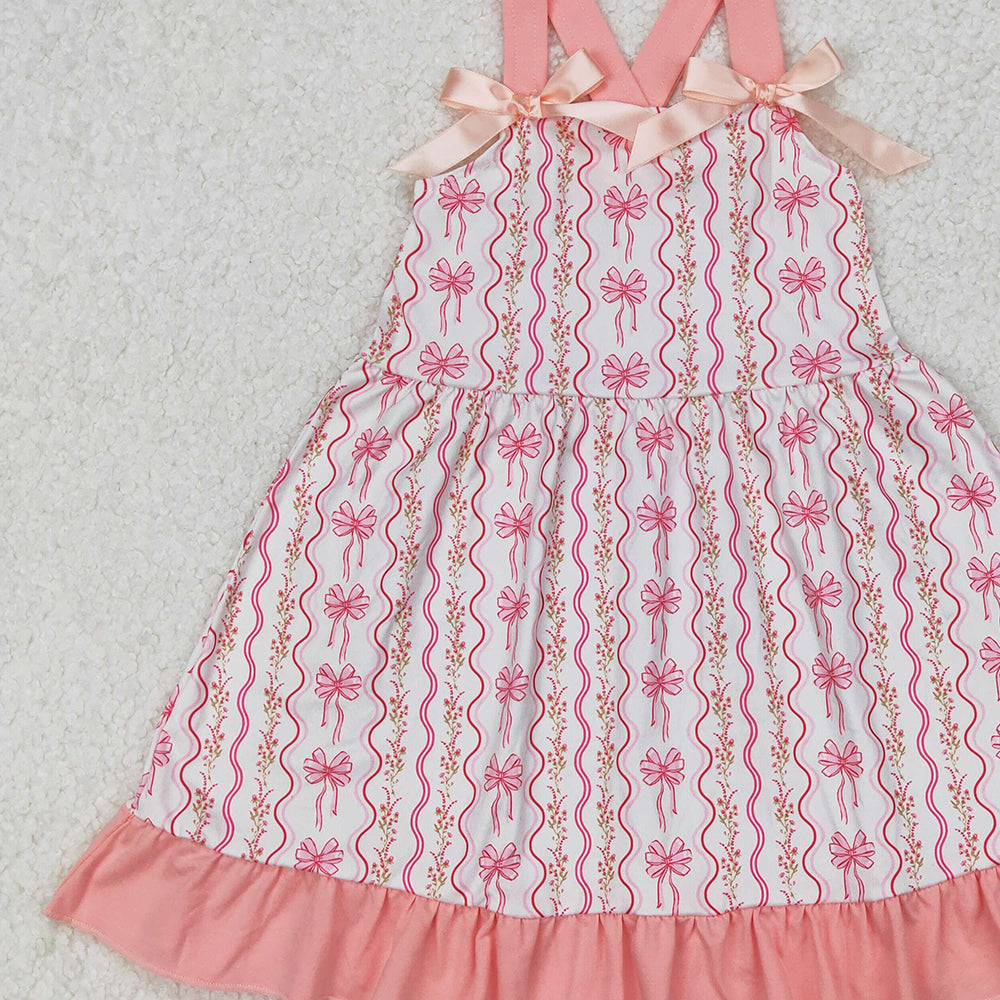 GSD1950RTS NO MOQ Pink bow straps floral ruffle baby girls dresses