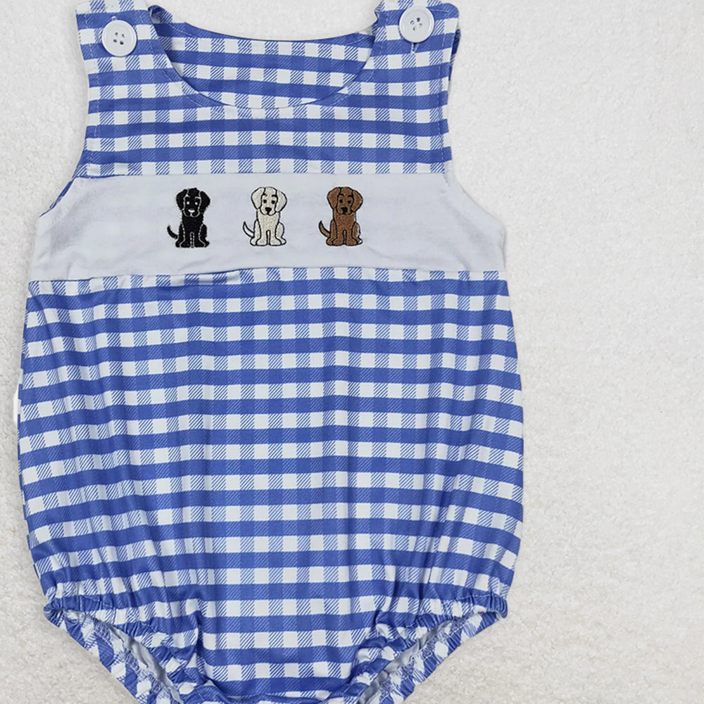 SR1048 RTS NO MOQ Baby Boys Summer Rompers Baby Infant Boys Dogs Blue Checkered Sleeveless Rompers