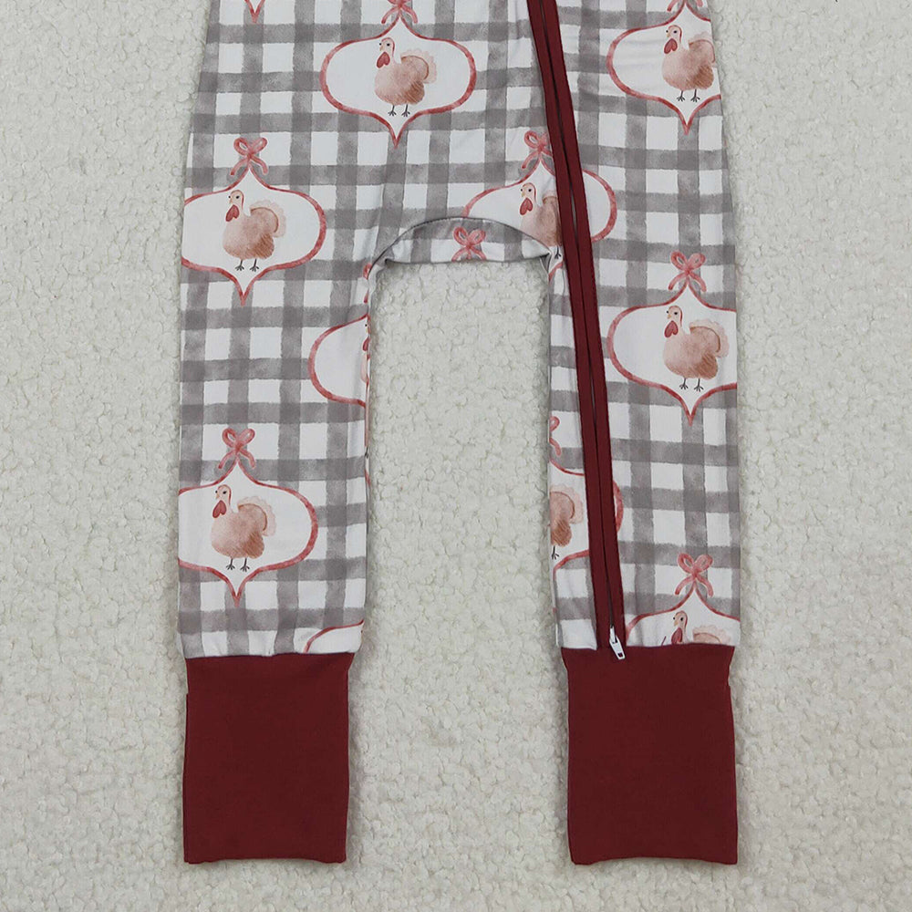 10.10 RTS NO MOQ （In stock）LR2691 Baby Boys Winter Rompers Baby Boys Turkey Checked Thanksgiving Zipper Footie Rompers