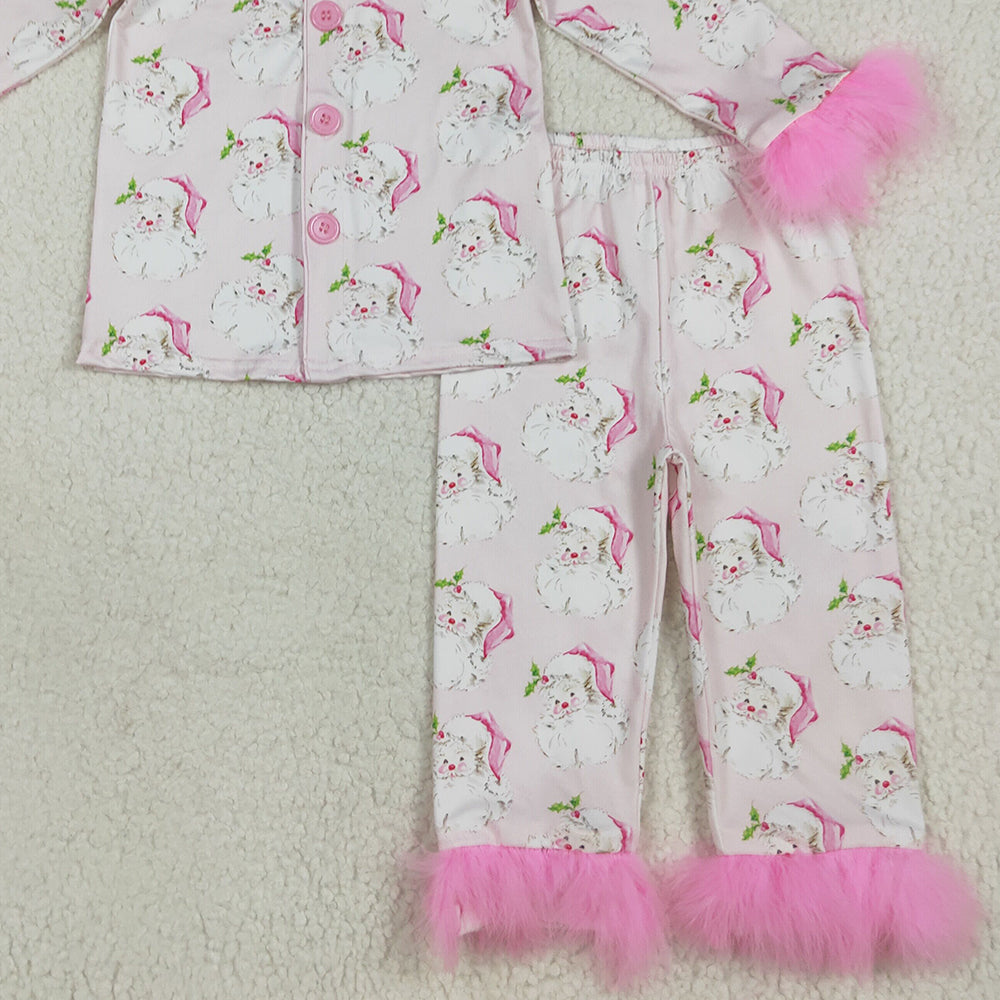 8.18 RTS NO MOQ （In stock） GLP2376 Baby Girls Winter Outfits Baby Girls Pink Long Sleeves With Fur Santa Button Top Pants Pajamas Set