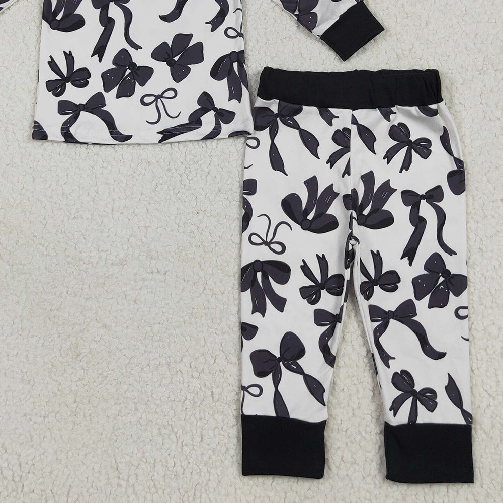 8.18   GLP2395 RTS NO MOQ Baby Girls Winter Outfits Baby Girls Long Sleeves Black Bows Top Pant Pajamas Set