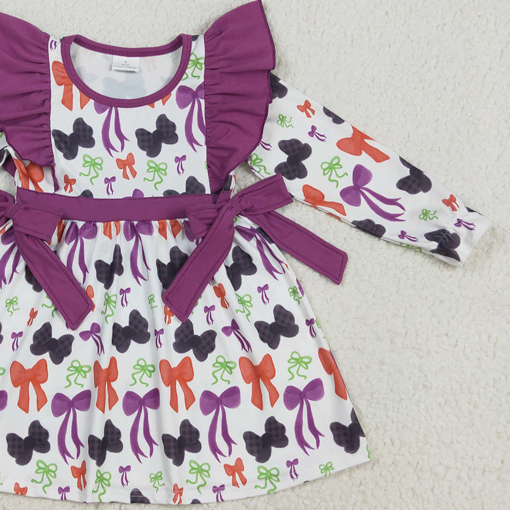 RTS NO MOQ （In stock）GLD1113 Baby Girls Winter Dress Baby Girls Halloween Colorful Bows Knee Length Dresses