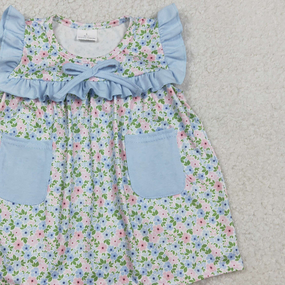 2.9 RTS NO MOQ （In stock）SR3752 Kids Clothing for Girls Baby Girls Sleeveless Blue Flowers Pockets Tunic Ruffle Rompers