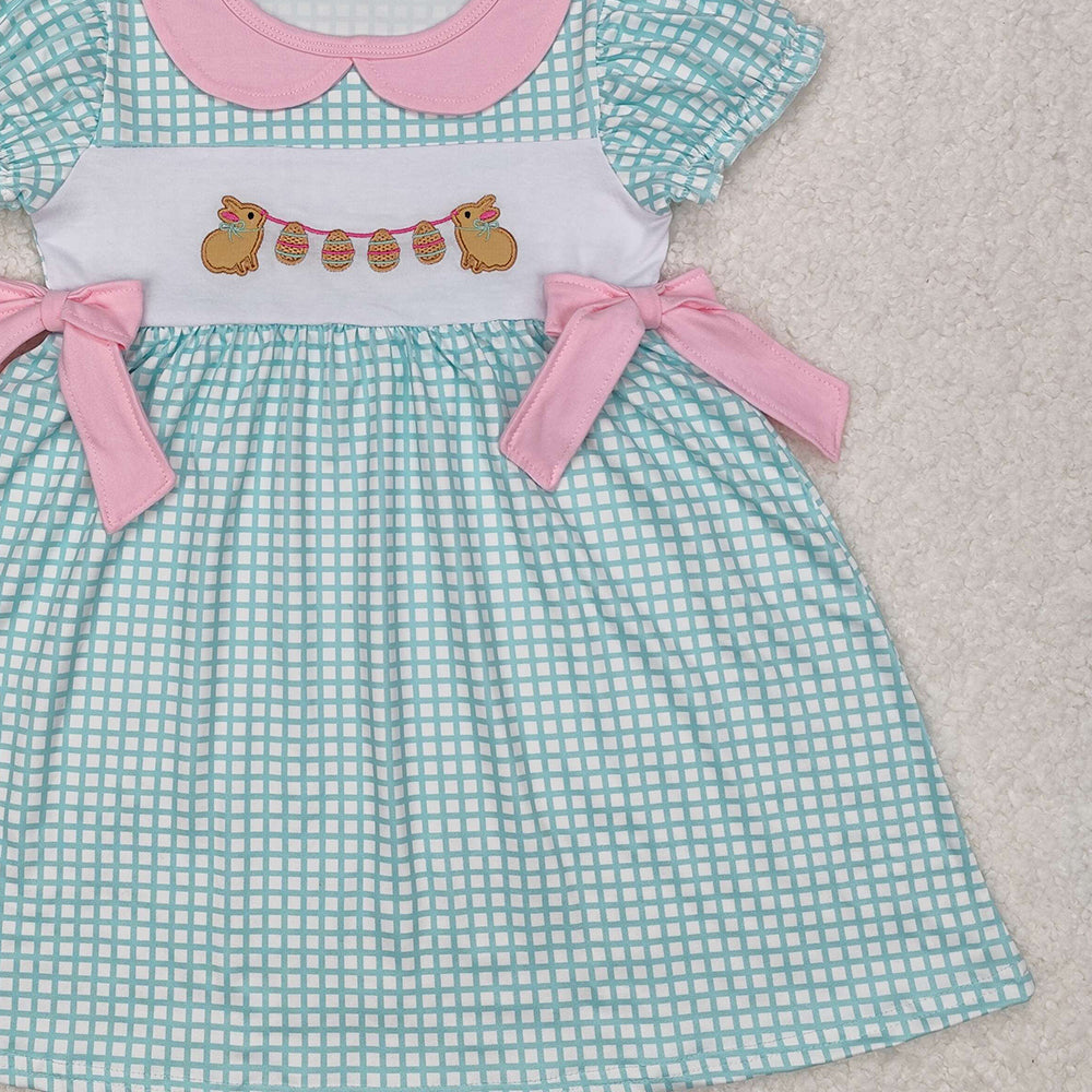 GSD1773Girls Plaid Bunny Eggs Bow Easter Dress Short Sleeves Spring Frock for Kids
