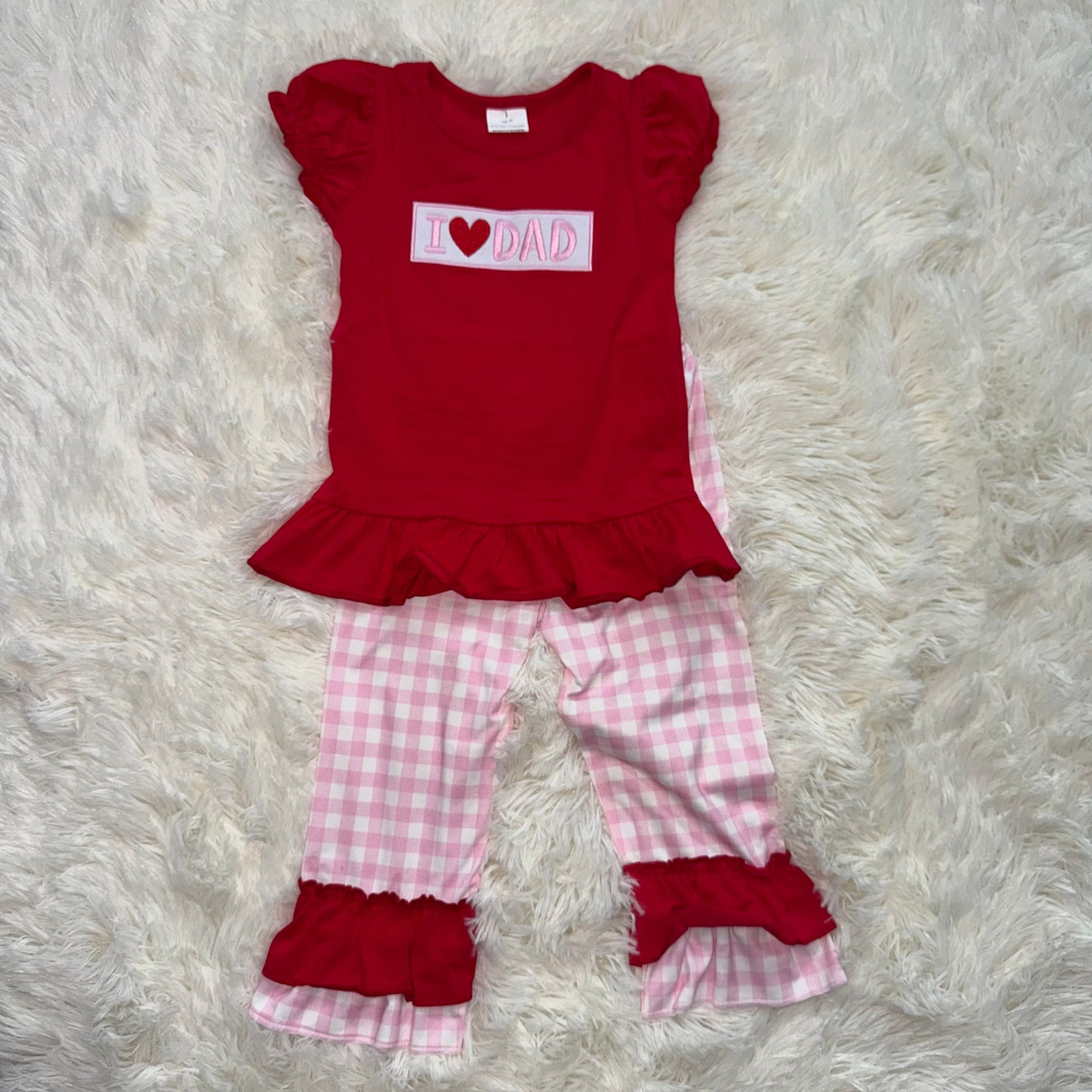 11.3 RST SPO2072 Embroidery I Love Dad Baby Girls Shirts Checked Ruffle Pants Clothes Sets
