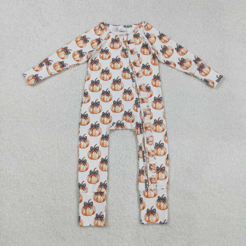 9.17 RTS Sibling Baby Girls Bows Pumpkins Button Fal Pajamas Clothes Sets Zipper Footie Rompers
