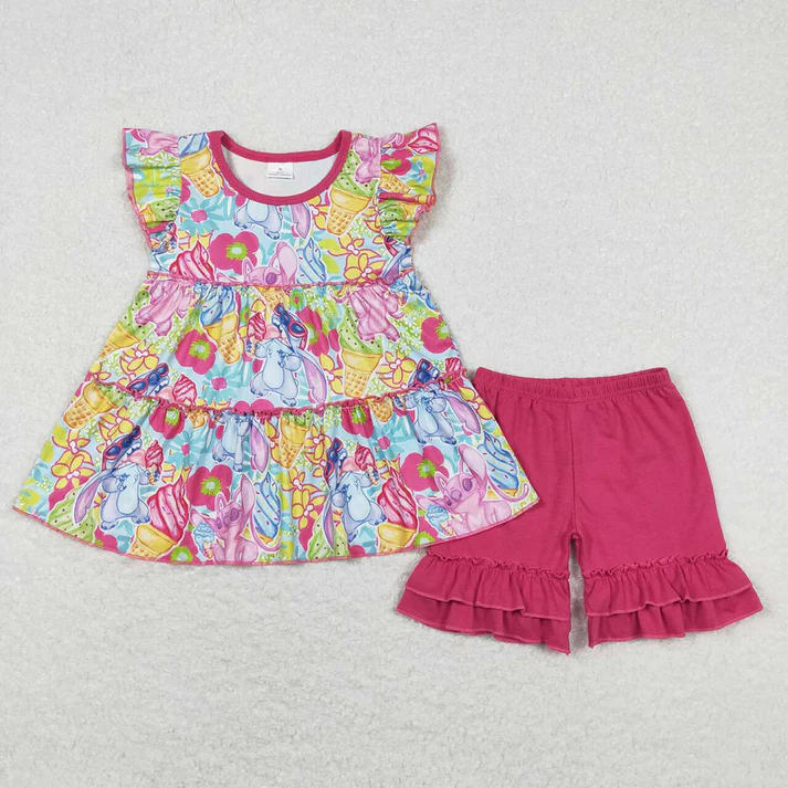 Baby Girls Colorful Puppy Pattern Fly Sleeve Top Lace-Up Shorts Set