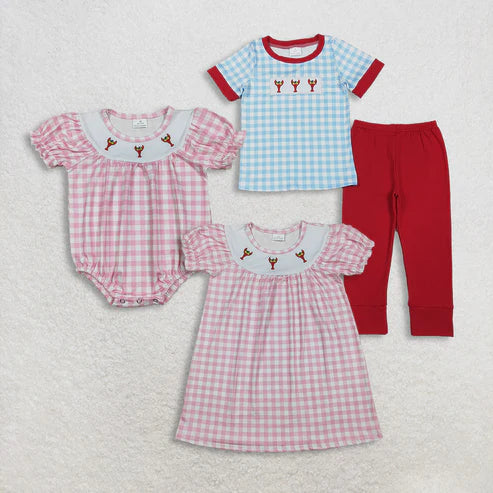 11.8 RTS Sibling Baby Boys Girls Embroidery Anchor Crayfishes Mardigras Checked Clothes Set Dress Romper