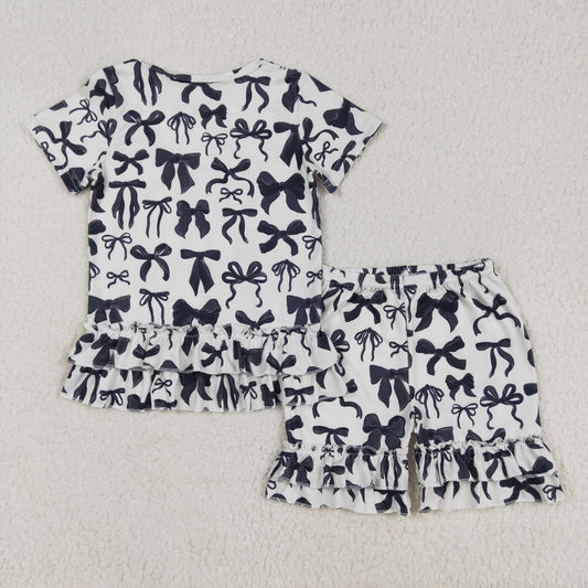 GSSO1852Kids Girls Short Sleeve Bow Ruffle Top Shorts Set Cute Elegant Children's Clothing Outfit