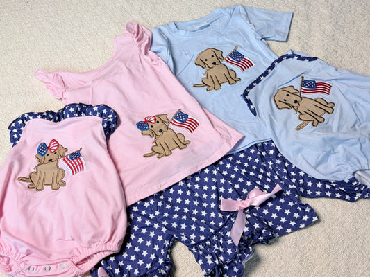 0430 RTS Sibling Dog flag embroidery backless bow kids 4th of july clothes and romper