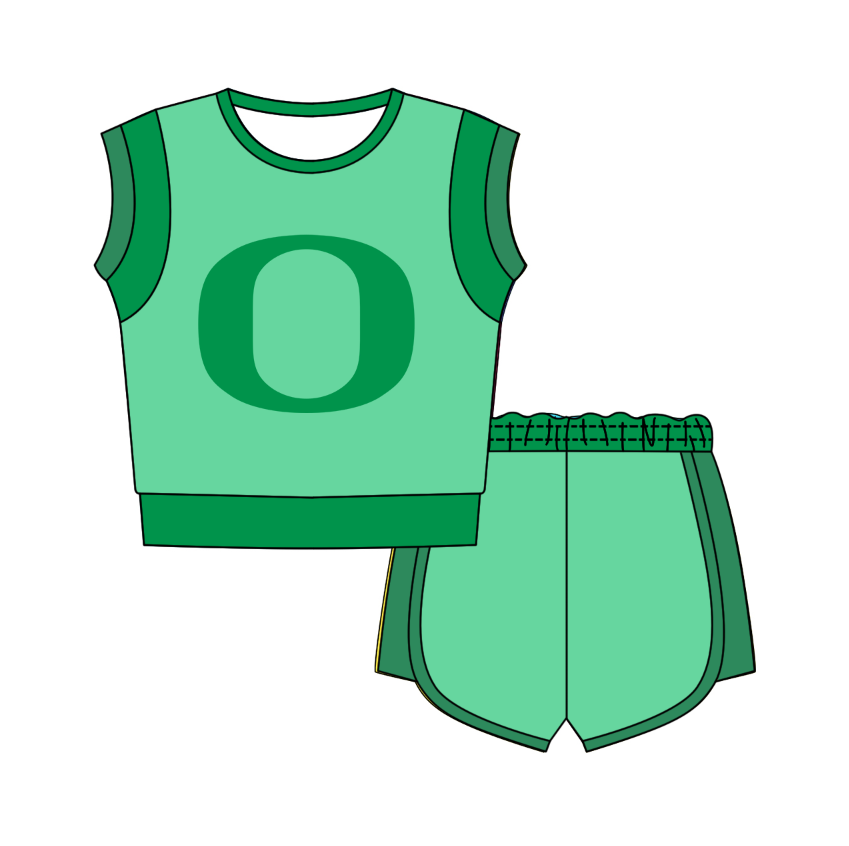 CUSTOM MOQ 5 Cute Comfortable Clothing For Kids Baby Kids Summer light Green O Sleeveless Patchwork Top Lace-up Shorts Clothes Sets
