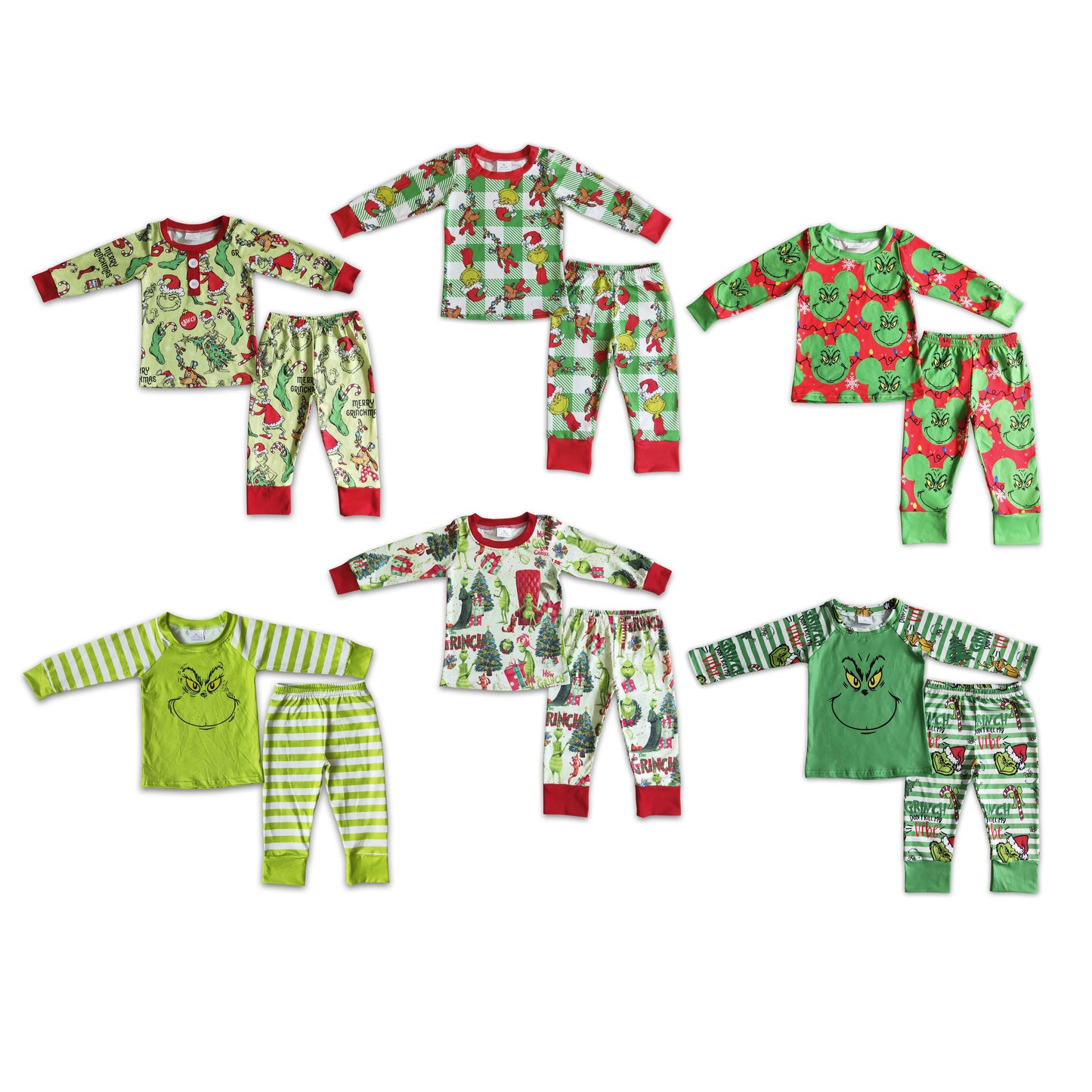 Baby kids red and green Christmas green furry monster print long sleeve long pants pajama set