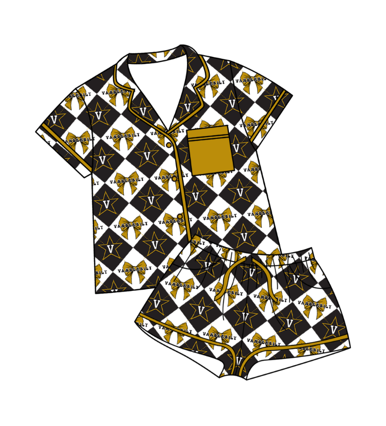 CUSTOM MOQ 5 Baby Girl Clothes Khaki Bow Plaid Top Bottom Shorts Pajamas Team Clothes Sets