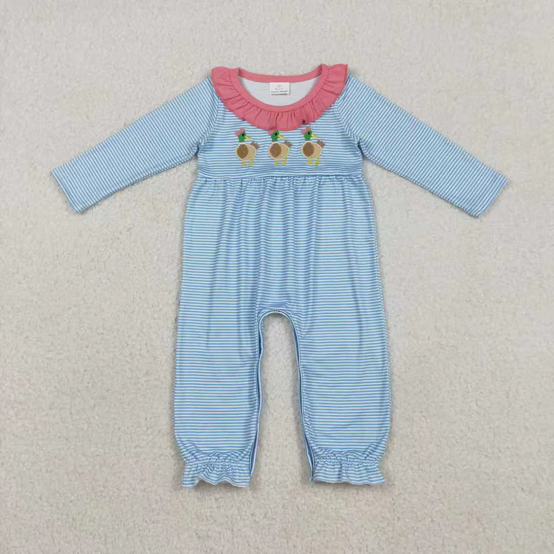 11.27 RTS Sibling Baby Girls Embroidery Bow Ducks Stripes Collar Leggings Clothes Set Footie Rompers