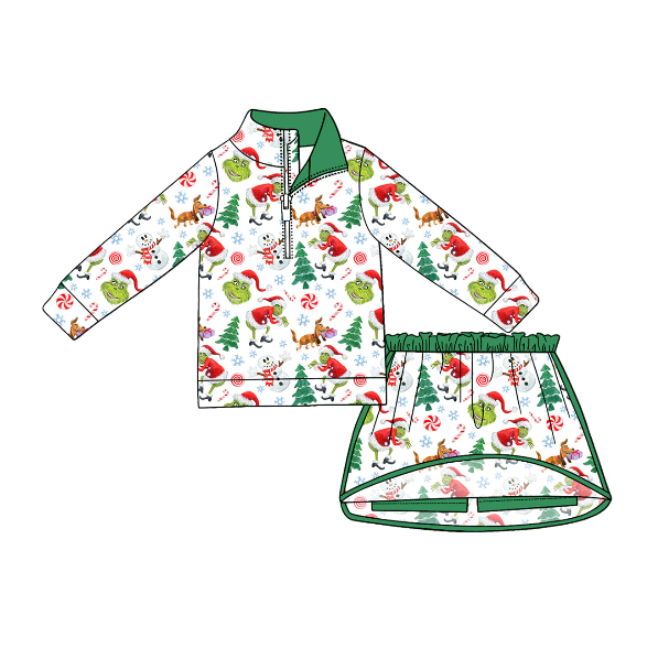 Pre order No Moq Baby Girls Cute Long Sleeve Zip Top Skirt Short Christmas Clothes Sets