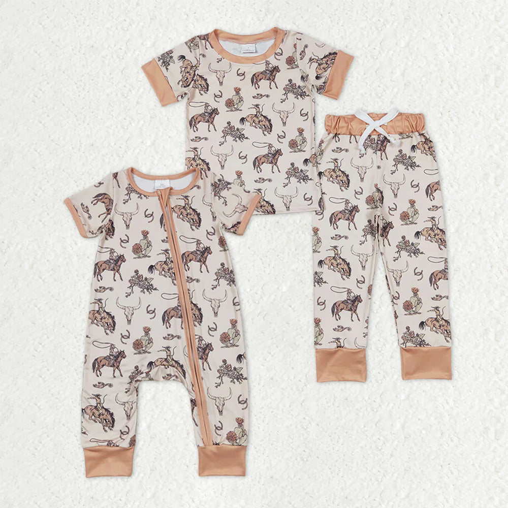 12.17 RTS Sibling Baby Boys Horses Cows Pants Western Pajamas Set Zipper Rompers