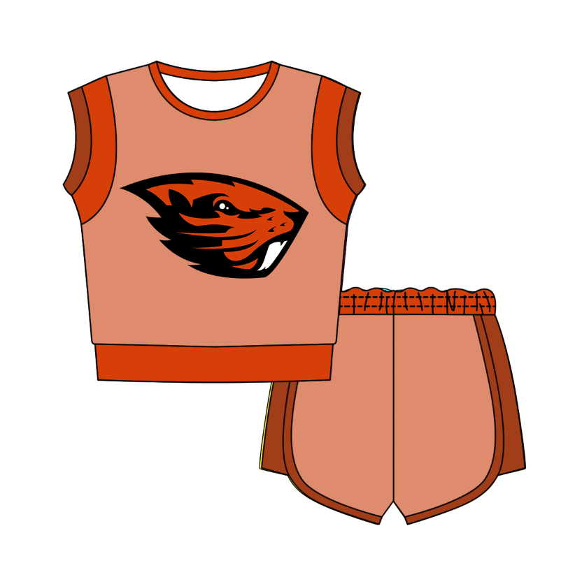 CUSTOM MOQ 5 Cute Comfortable Clothing For Kids Baby Kids Summer Orange Sleeveless Patchwork Top Lace-up Shorts Clothes Sets