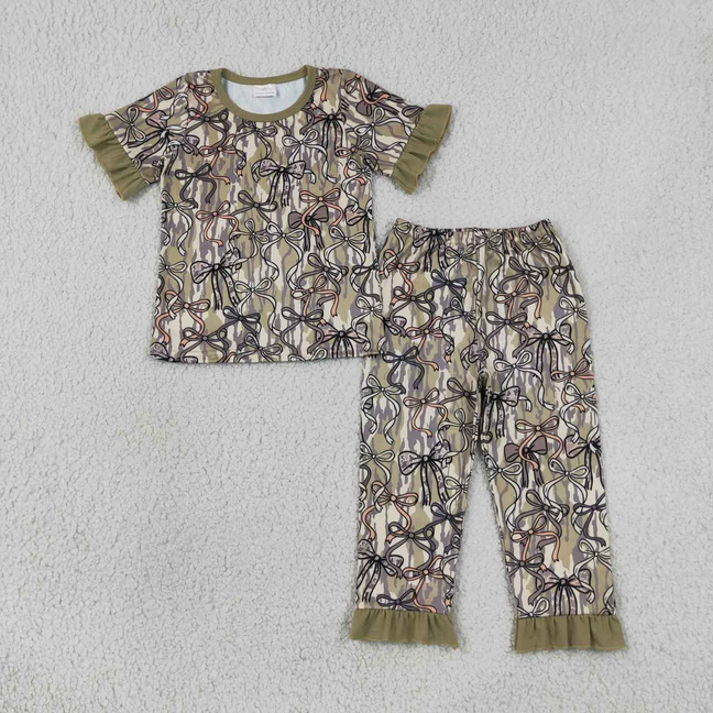 GSPO2264  RTS NO MOQ （In stock）Baby Girls Southern Olive Camo Bows Top Ruffle Pants Hunting Pajamas Sets