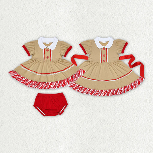 Red Striped Skirt Khaki Baby Collar Button Short Sleeve Dress & Short Sleeve Thong Set