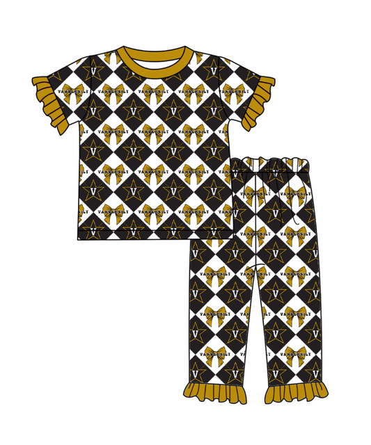CUSTOM MOQ 5 Baby Girl Clothes Khaki Bow Plaid Top Pants Team Pajamas Sets