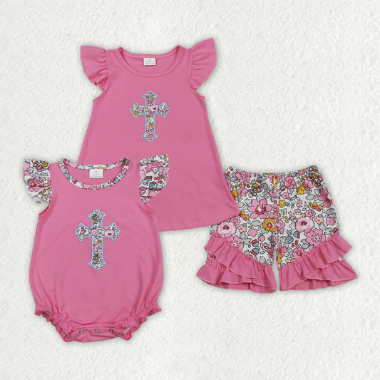 1.27 RTS Sibling Baby Girls Embroidery Floral Cross Ruffle Shorts Easter Clothes Set Ruffle Rompers